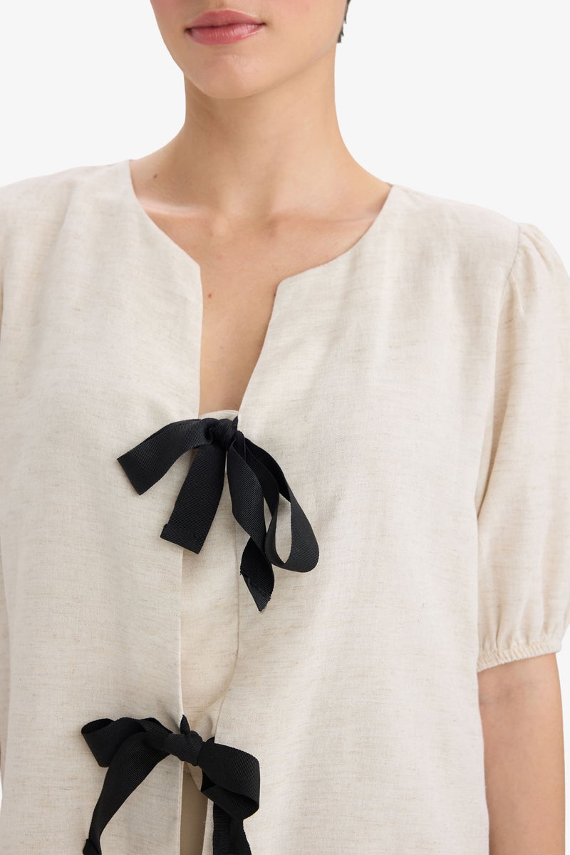 DeFacto Beige Woman Regular Fit Crew Neck Linen Blend Blouse Casual - Image 5